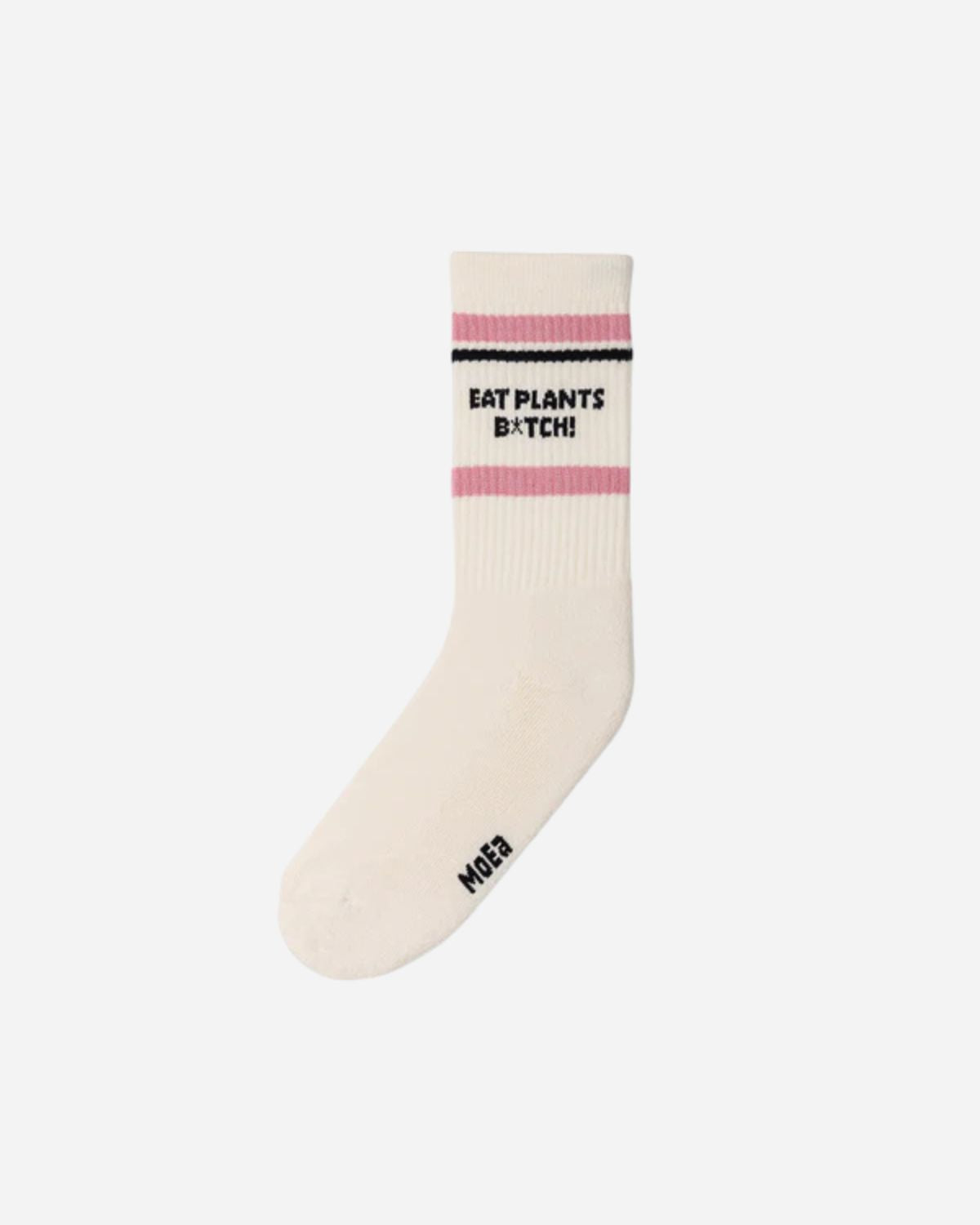 White sports sock with pink stripes and EAT PLANTS B*TCH phrase