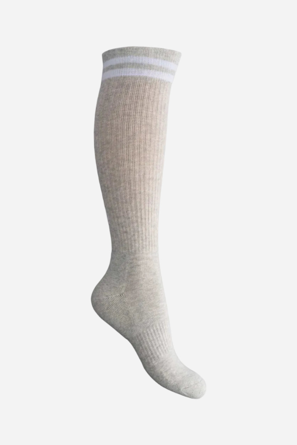 Beige knee-high sock with a white stripe on a white background
