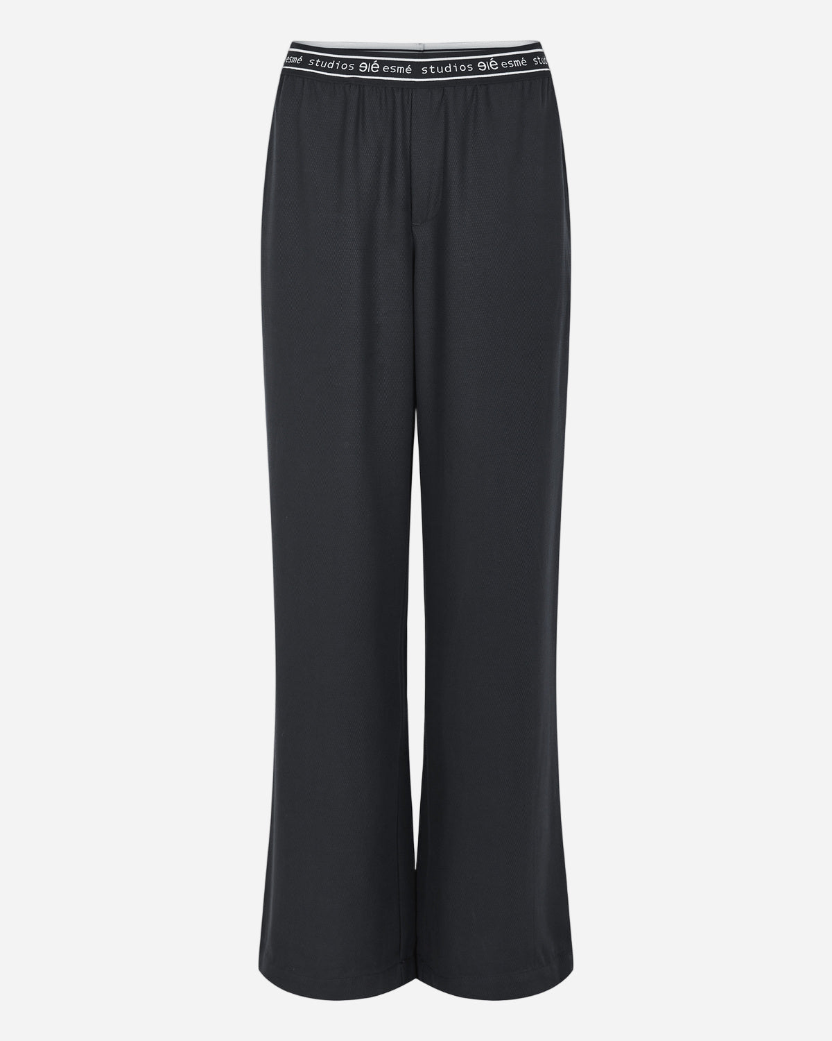 Black pants with a brand logo on a white background