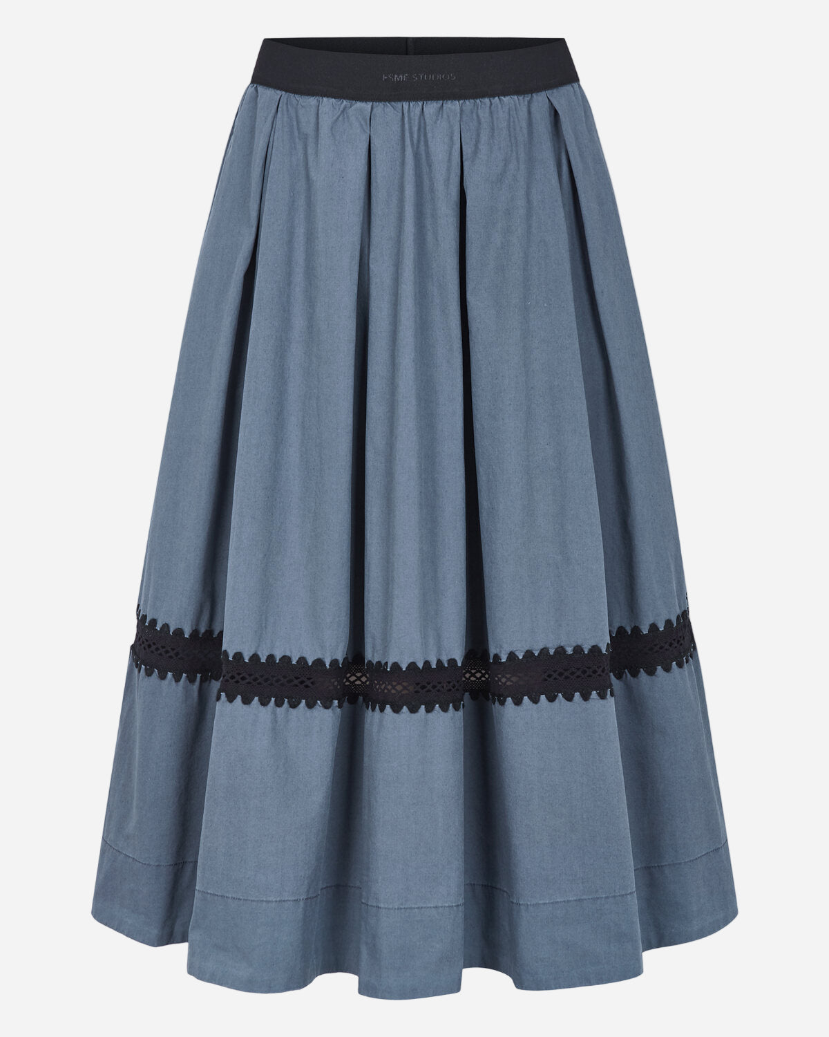 Blue skirt with black lace trim on a white background