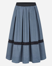 Blue skirt with black lace trim on a white background