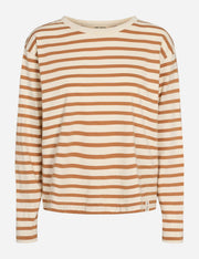 Striped long-sleeve shirt with brown and beige stripes on a white background