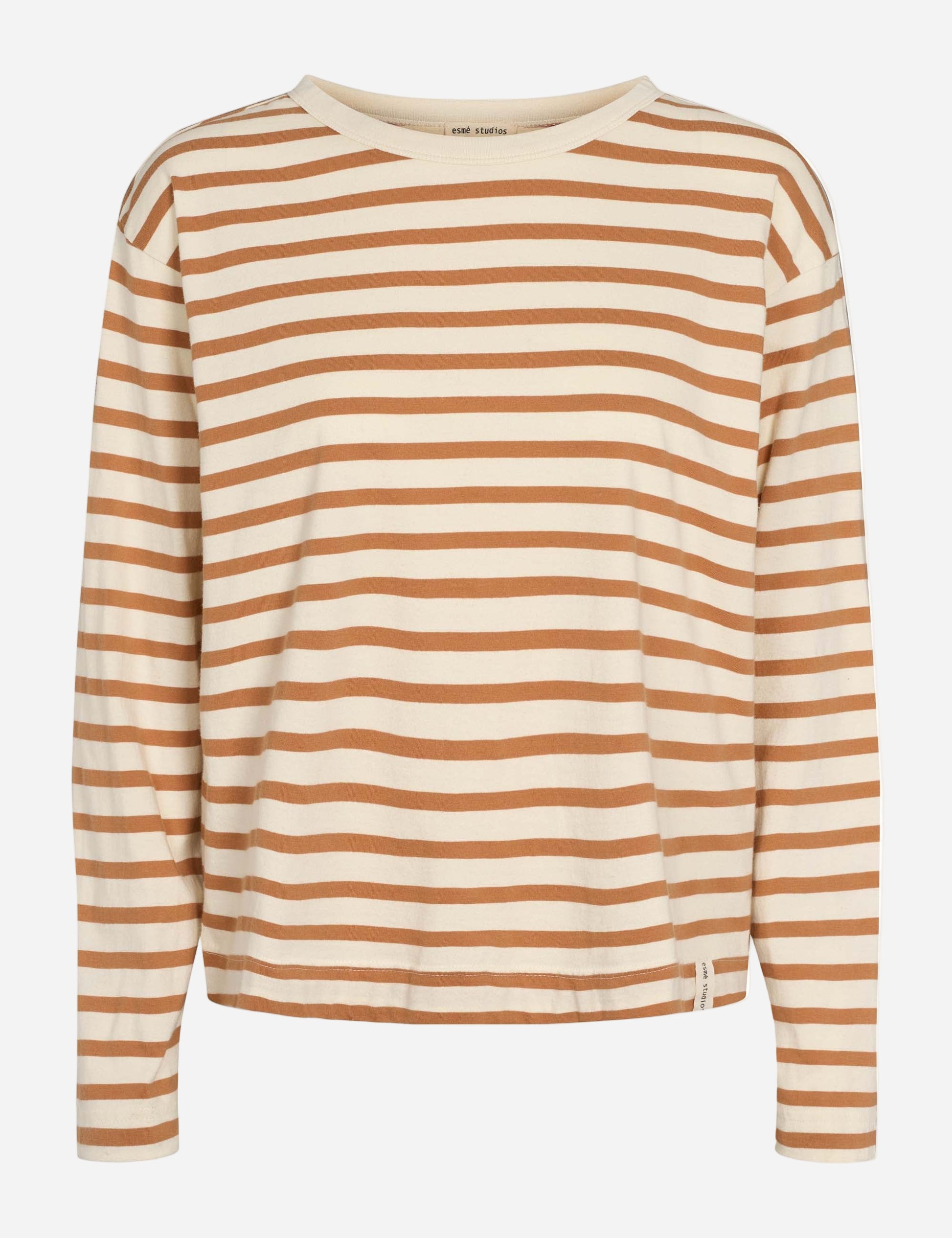 Striped long-sleeve shirt with brown and beige stripes on a white background