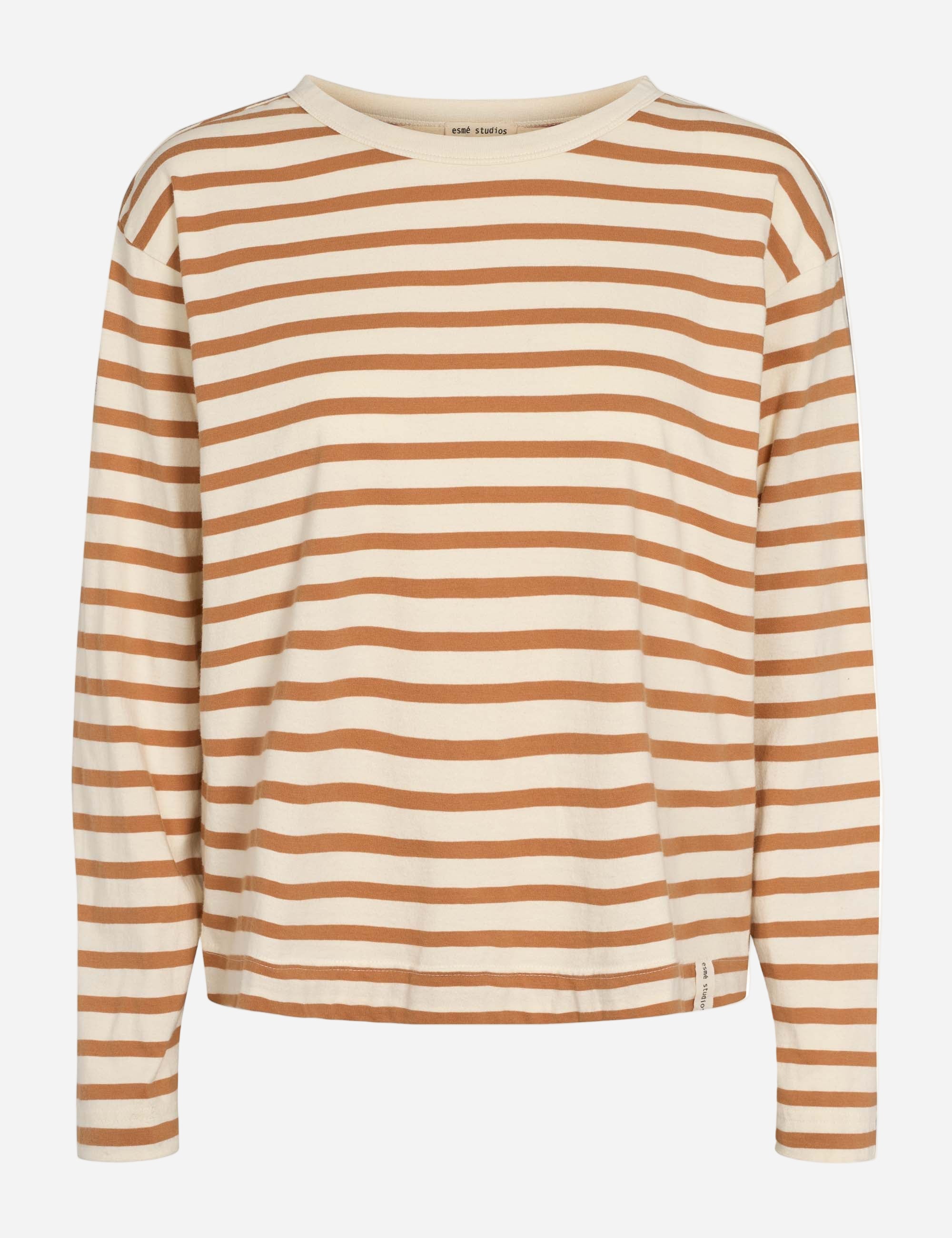 Striped long-sleeve shirt with brown and beige stripes on a white background
