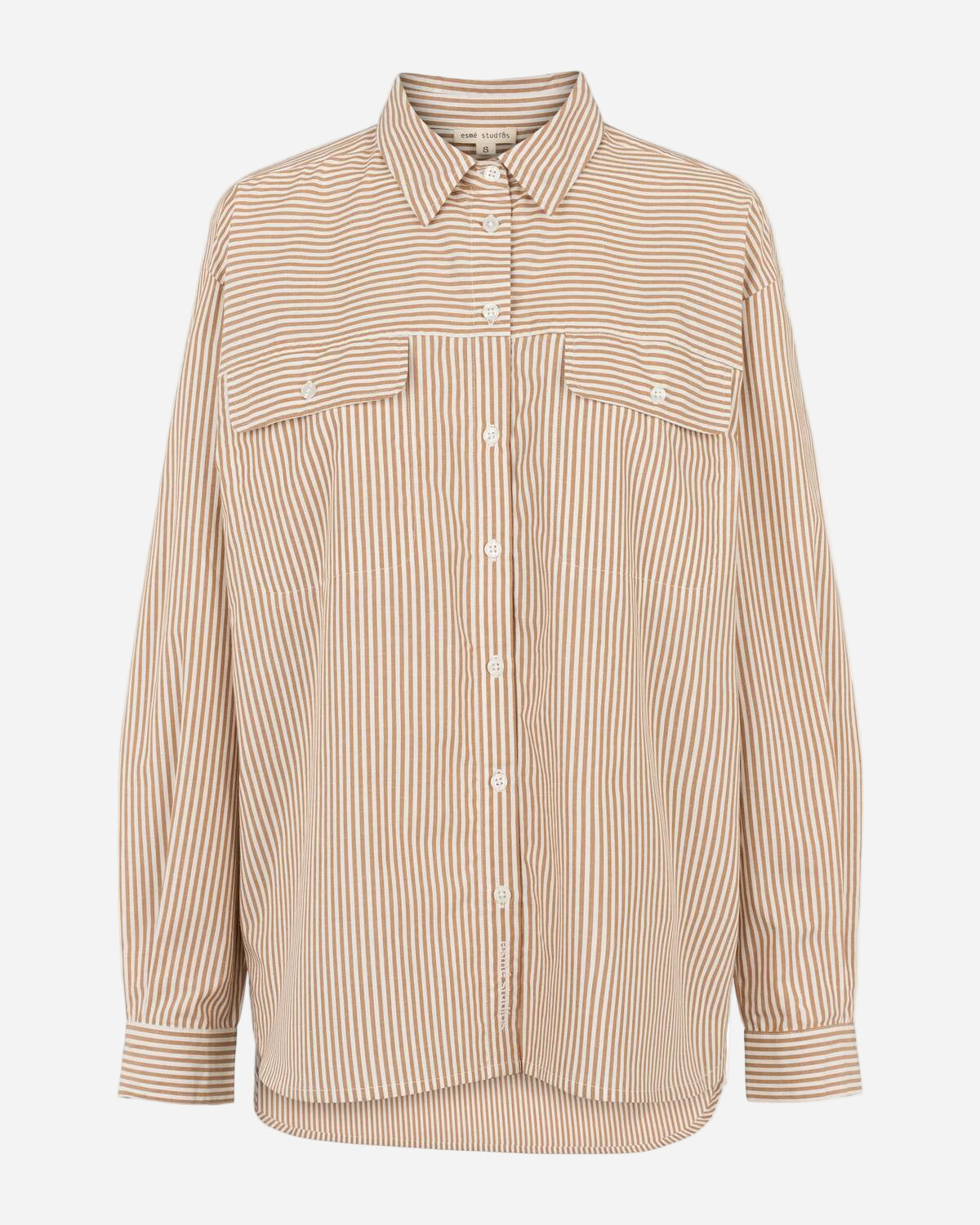Beige striped shirt with two front pockets on a white background
