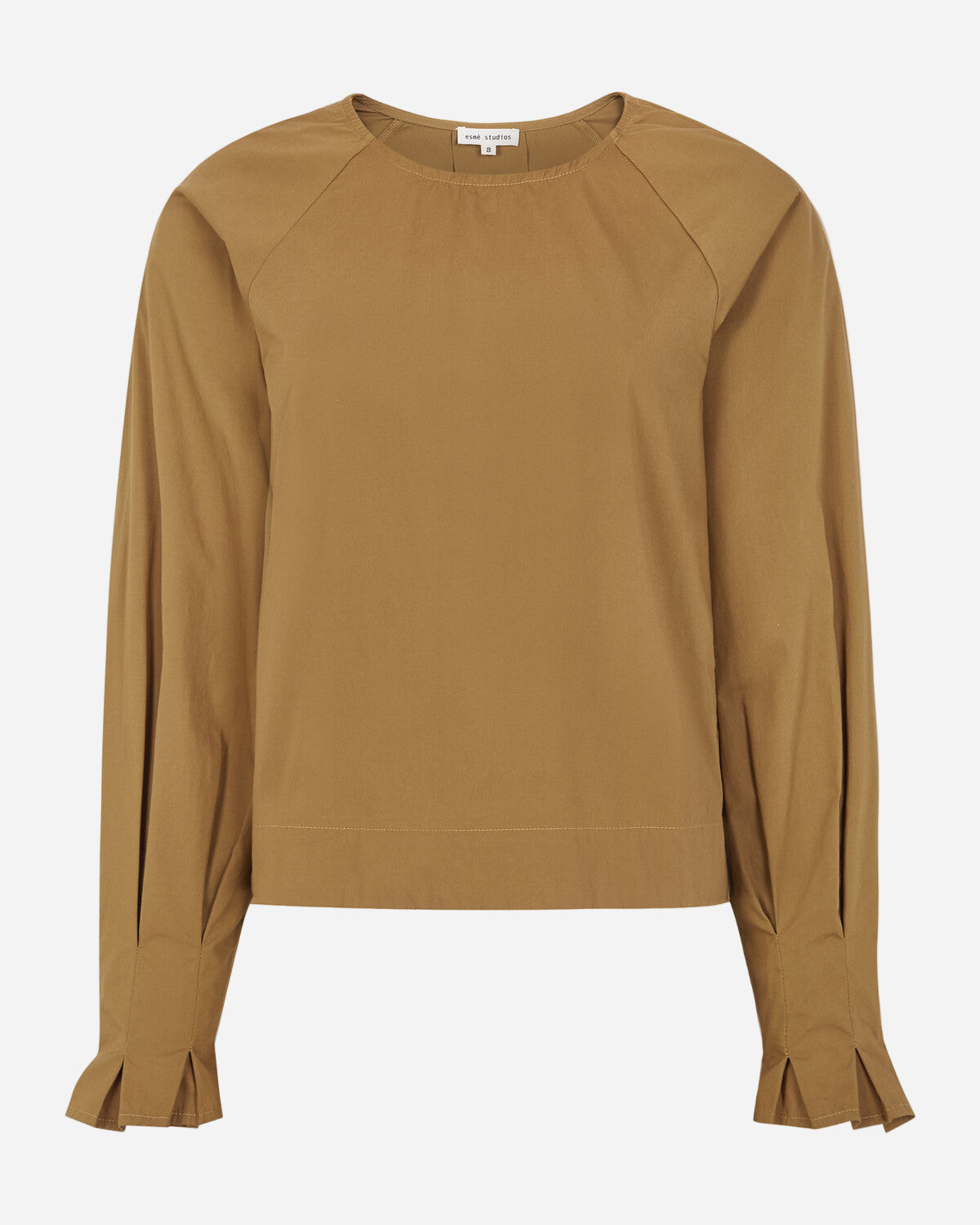 Brown long-sleeve top with ruffled cuffs on a white background