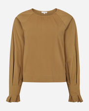 Brown long-sleeve top with ruffled cuffs on a white background