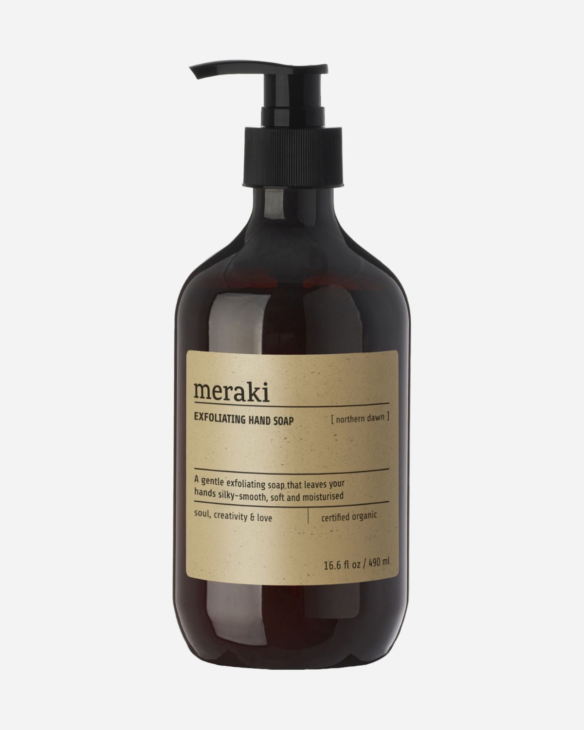 Meraki exfoliating hand soap bottle on a white background