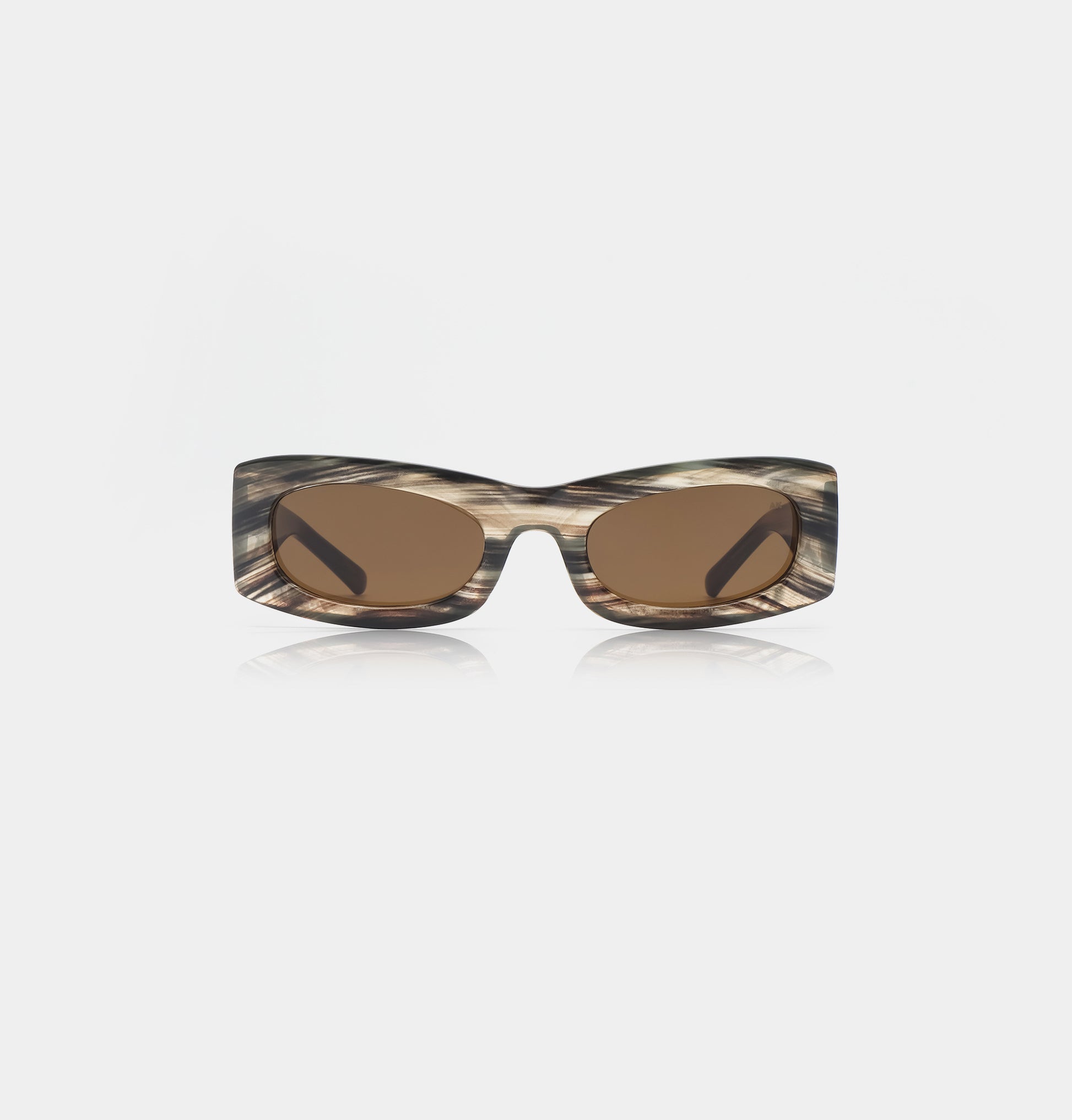 Narrow rectangular shaped sunglasses with brown lenses