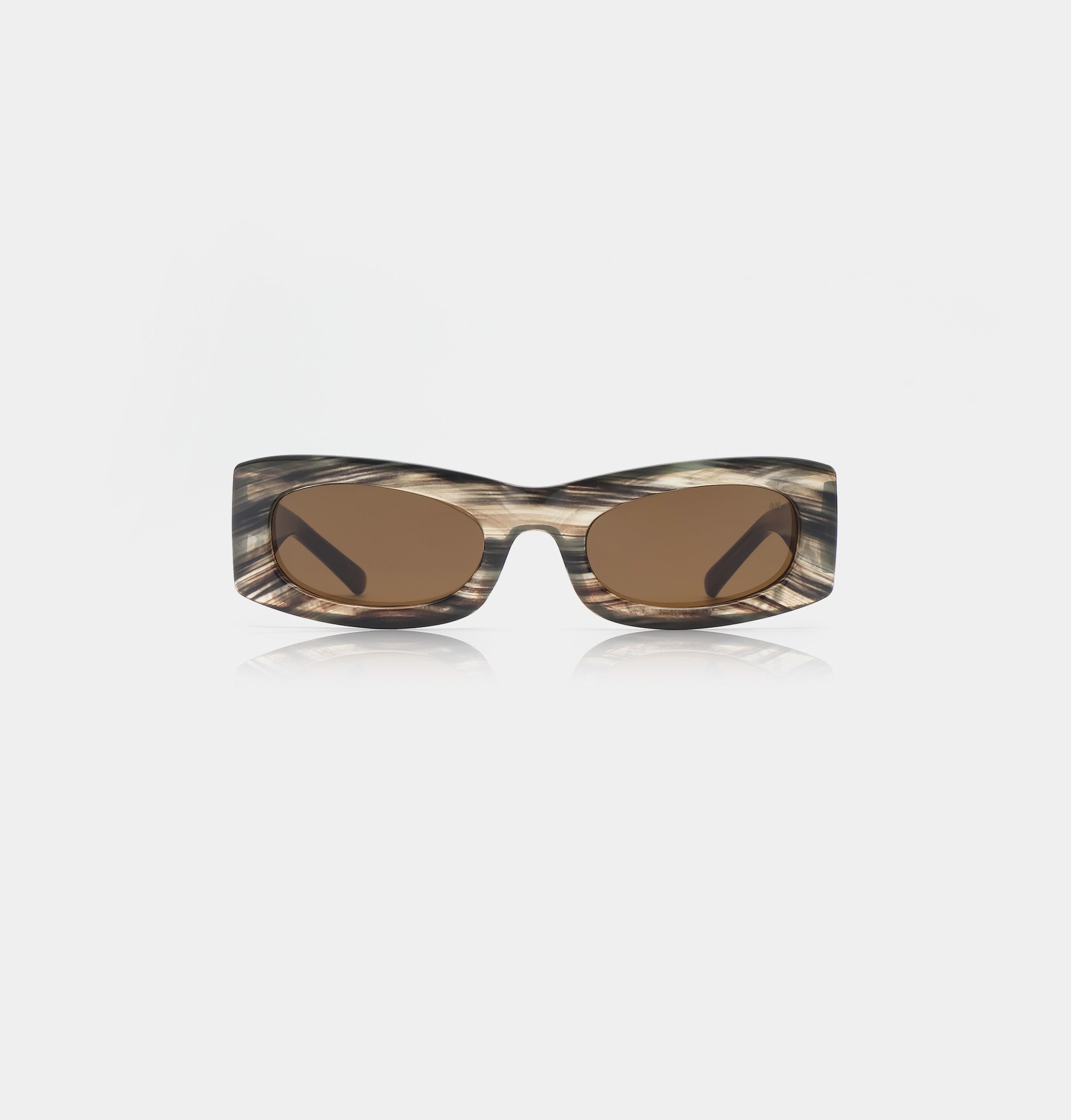 Narrow rectangular shaped sunglasses with brown lenses