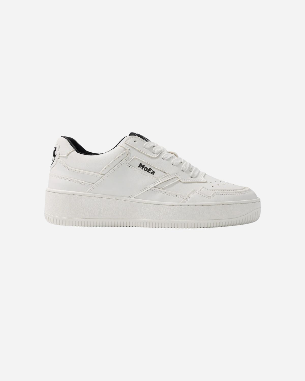 White trainers with navy detail and MOEA logo