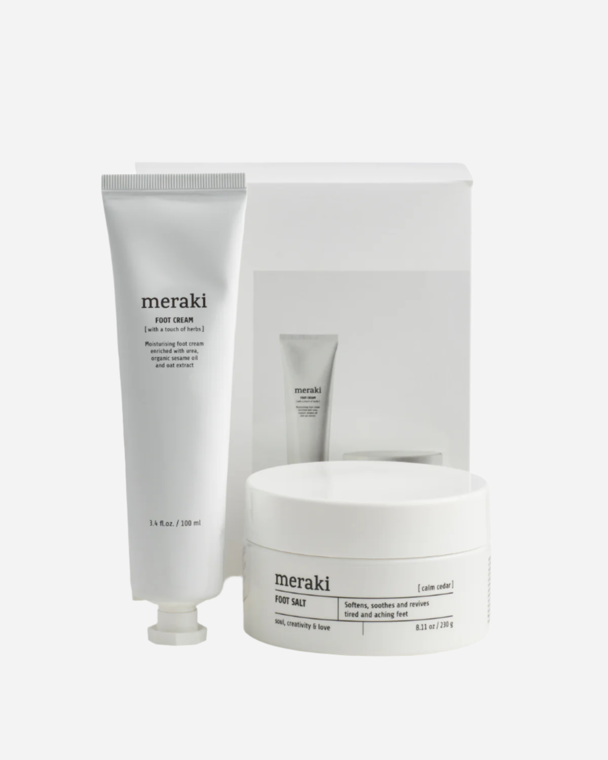 A gift box containing Meraki foot care products.