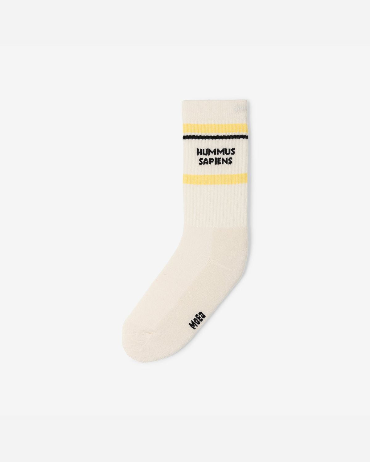 White sports sock with yellow stripes and HUMMUS SAPIENS phrase