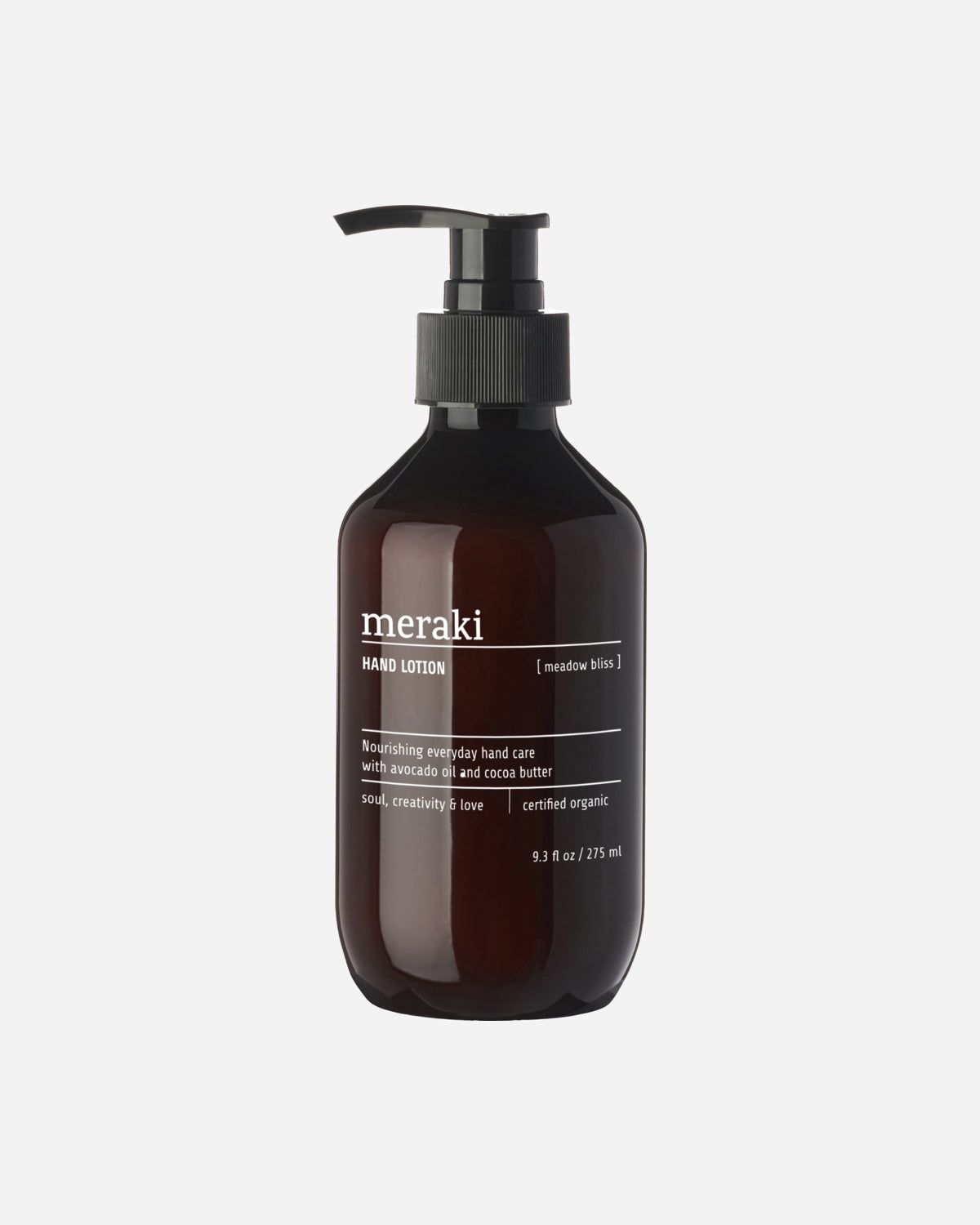 A pump bottle of Meraki Meadow Bliss hand lotion with a dark tint and white label.