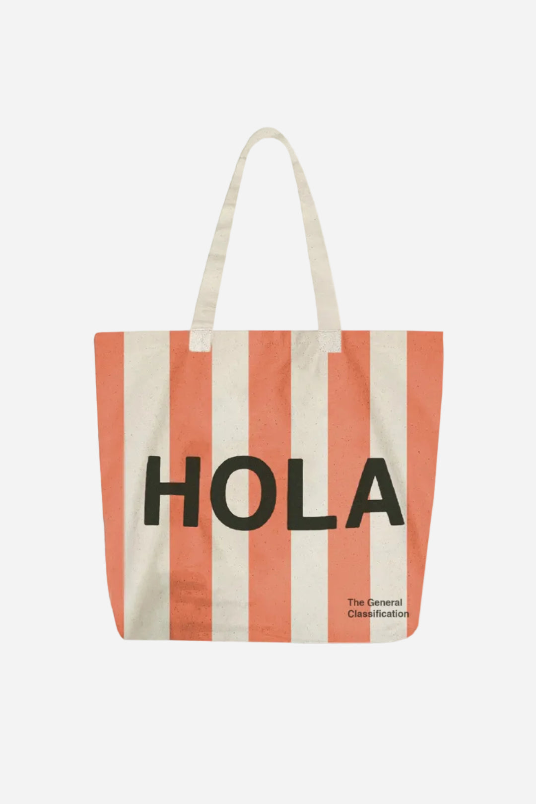 Striped tote bag with 'HOLA' text on a white background