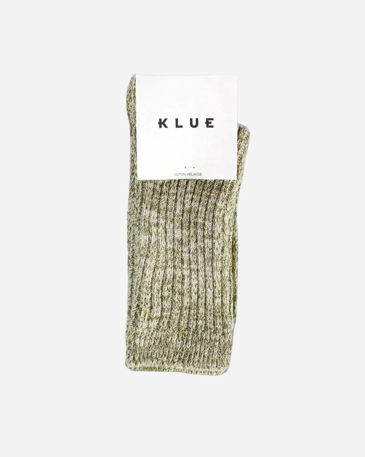 Green sock with a KLUE label on a gray background