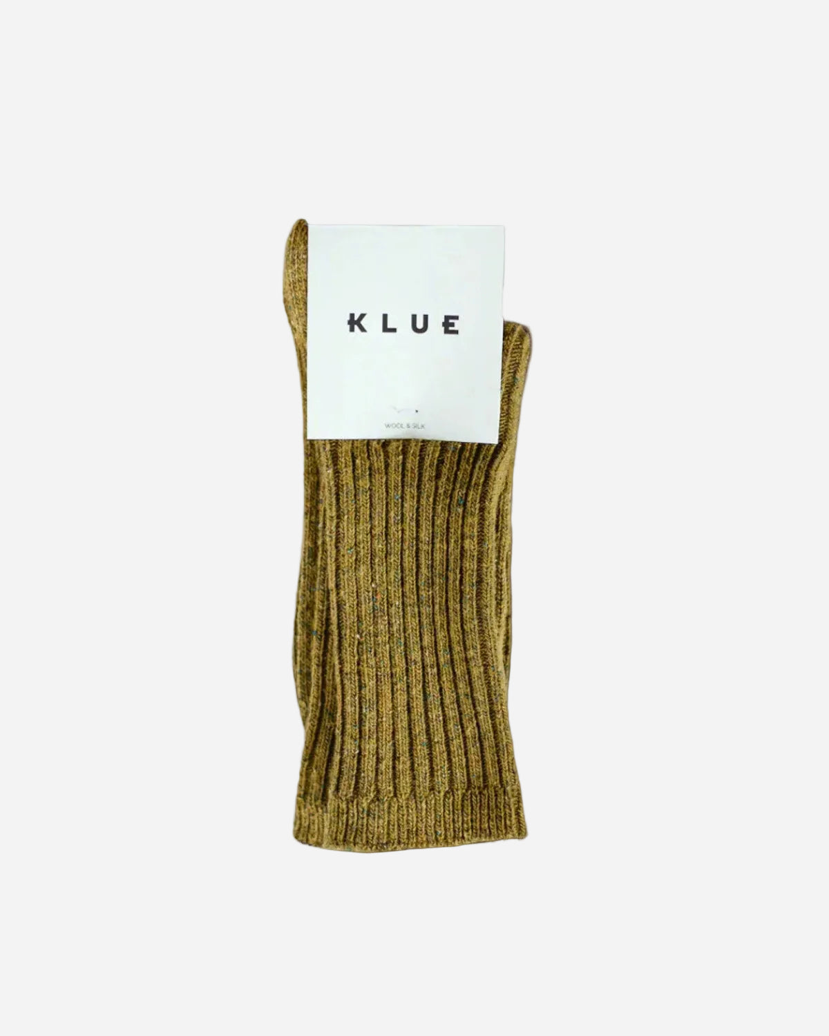 Brown ribbed sock with a KLUE tag on a gray background