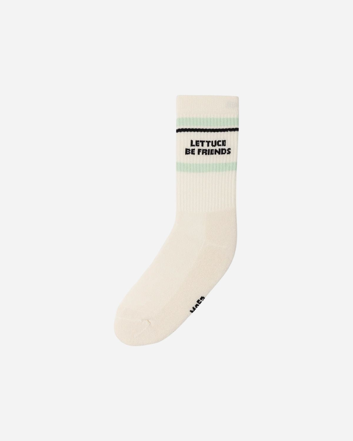 White sports sock with green stripes and LETTUCE BE FRIENDS phrase