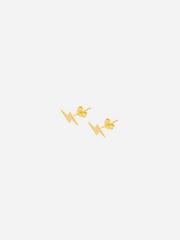 A pair of gold-colored mini lightning stud earrings against a white background.