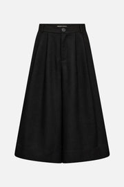 A black high-waisted, wide-leg pleated skirt with a single button closure at the waistband, shown against a plain white background.