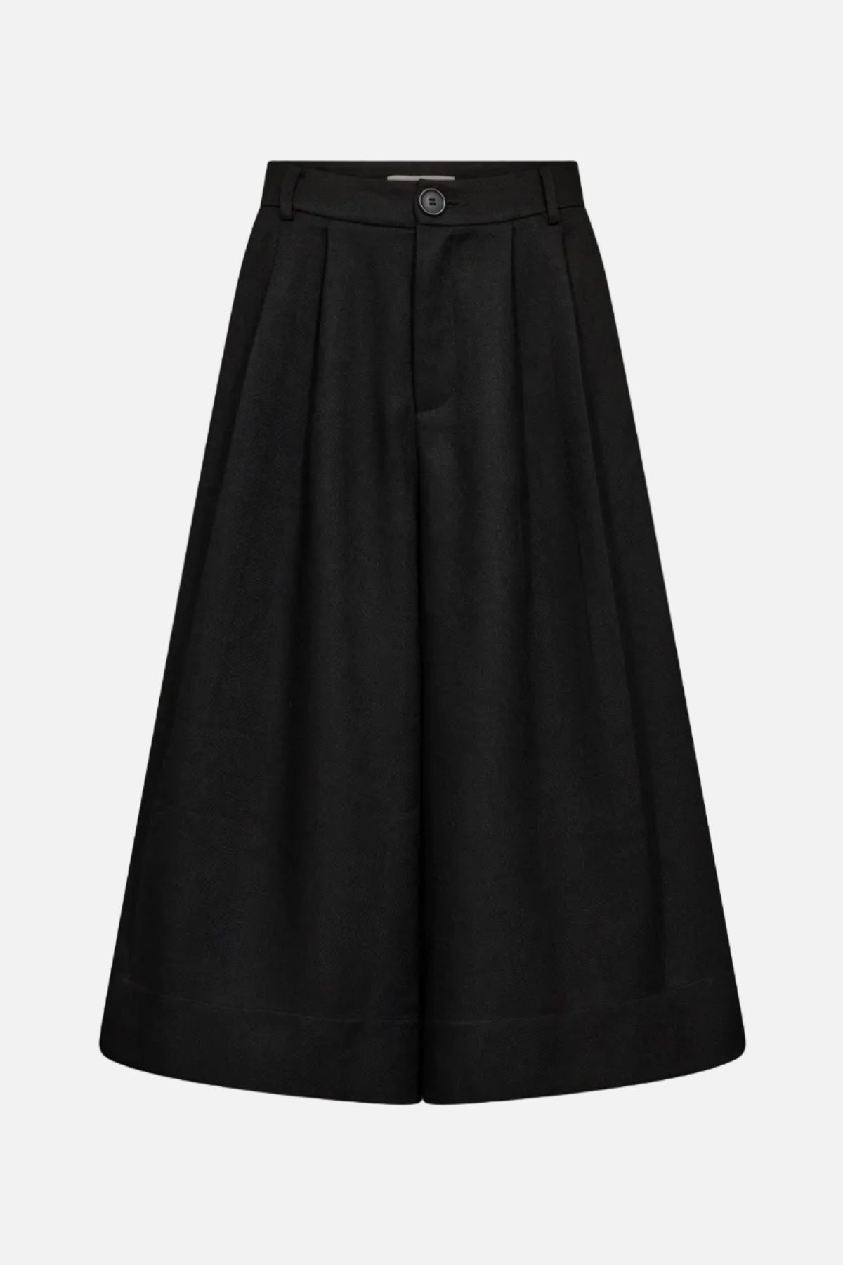 A black high-waisted, wide-leg pleated skirt with a single button closure at the waistband, shown against a plain white background.