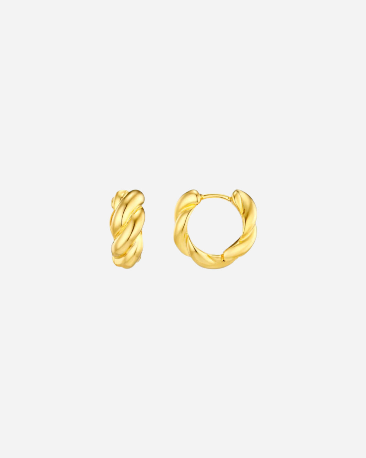 Gold twisted hoop earrings on a white background