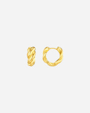 Gold twisted hoop earrings on a white background