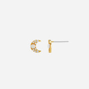 Gold earrings with moon and star designs on a white background