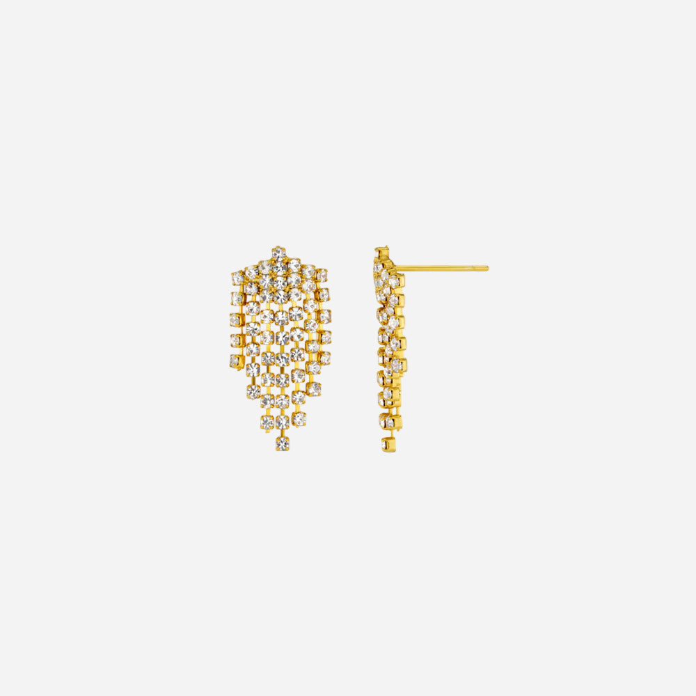 Gold earrings with clear stones on a white background