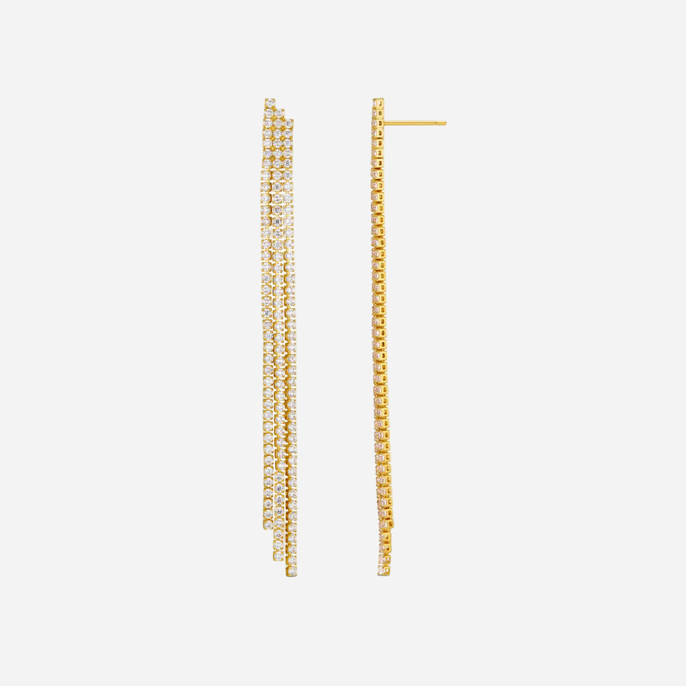 Gold stud earring with zirconia drop on a white background