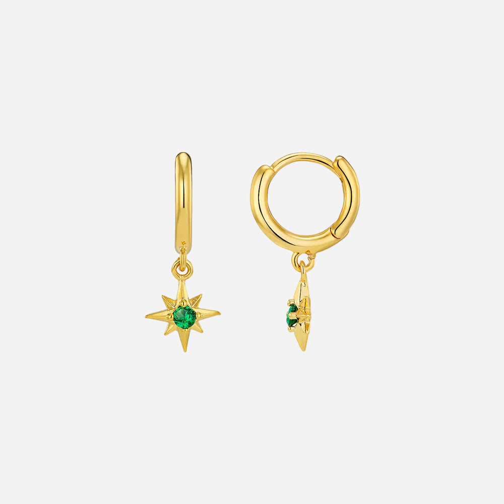 Gold hoop earrings with star-shaped and round green gemstones on a white background