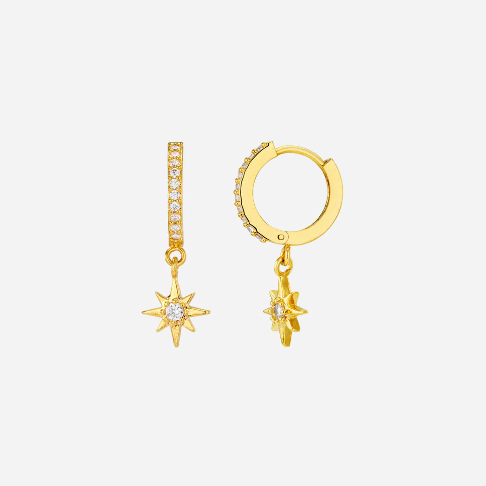 Gold hoop earrings with star-shaped charms on a white background