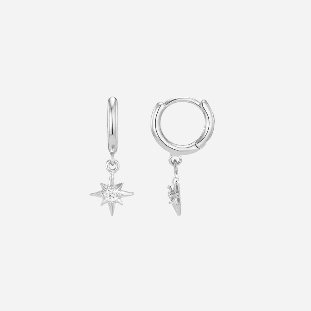 Silver hoop earrings with star-shaped charms on a white background