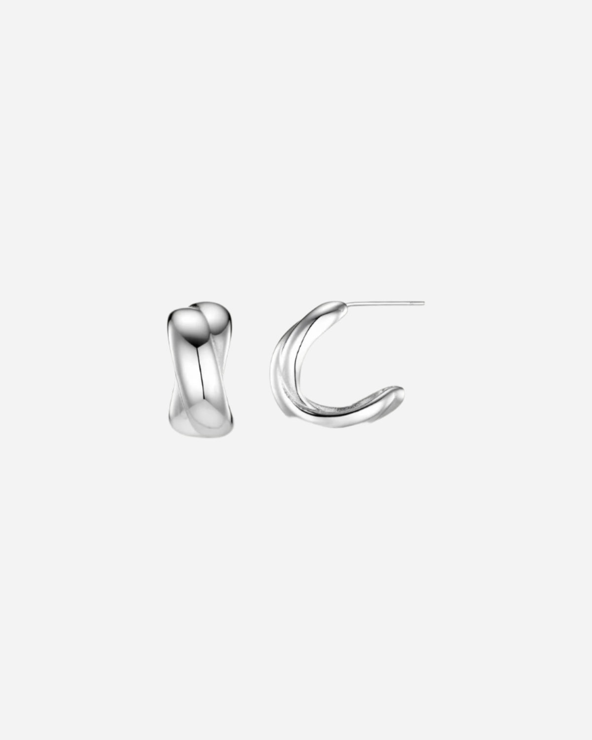 Pair of silver hoop earrings on a white background