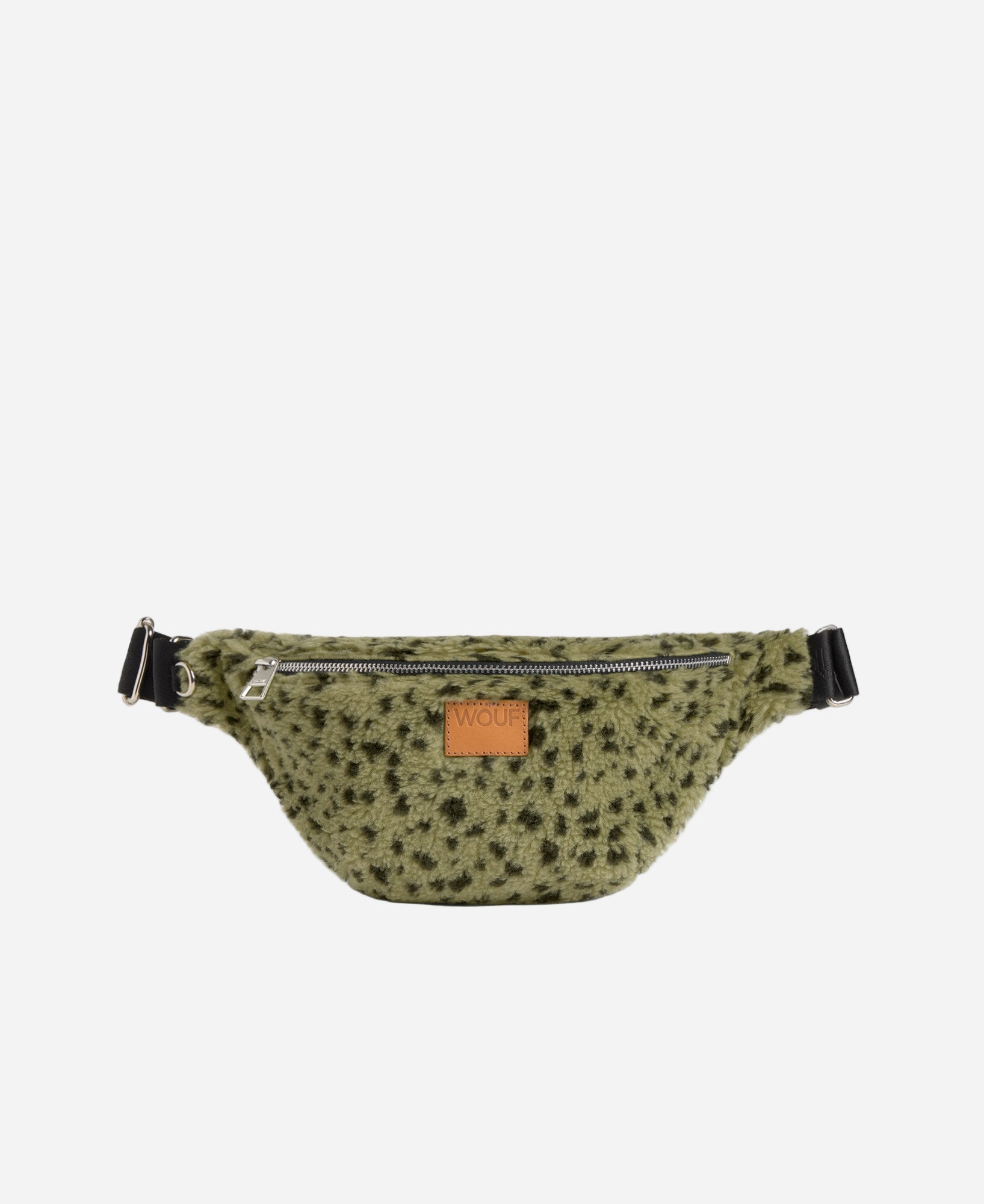 Green patterned waist bag with a brand label on a white background