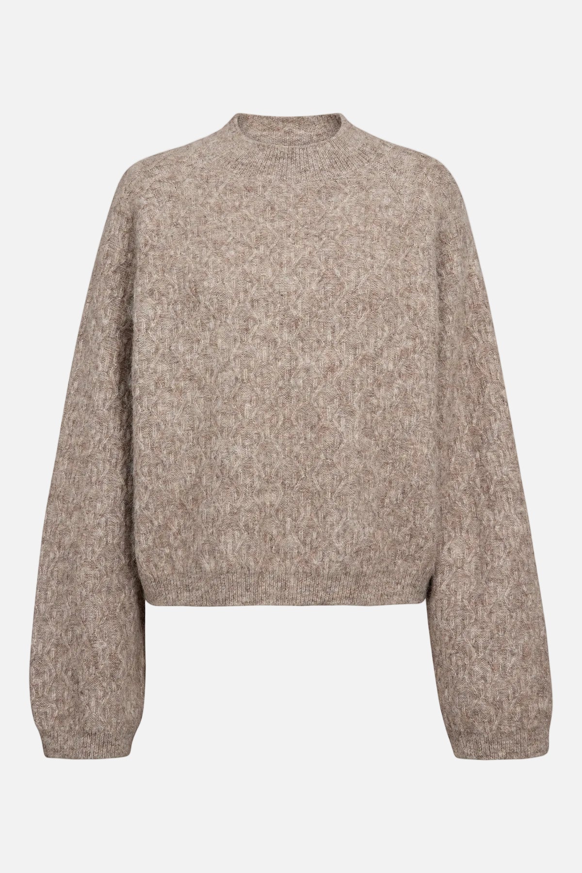 Long-sleeve knit sweater in a heathered taupe-brown colour, shown against a plain white background.
