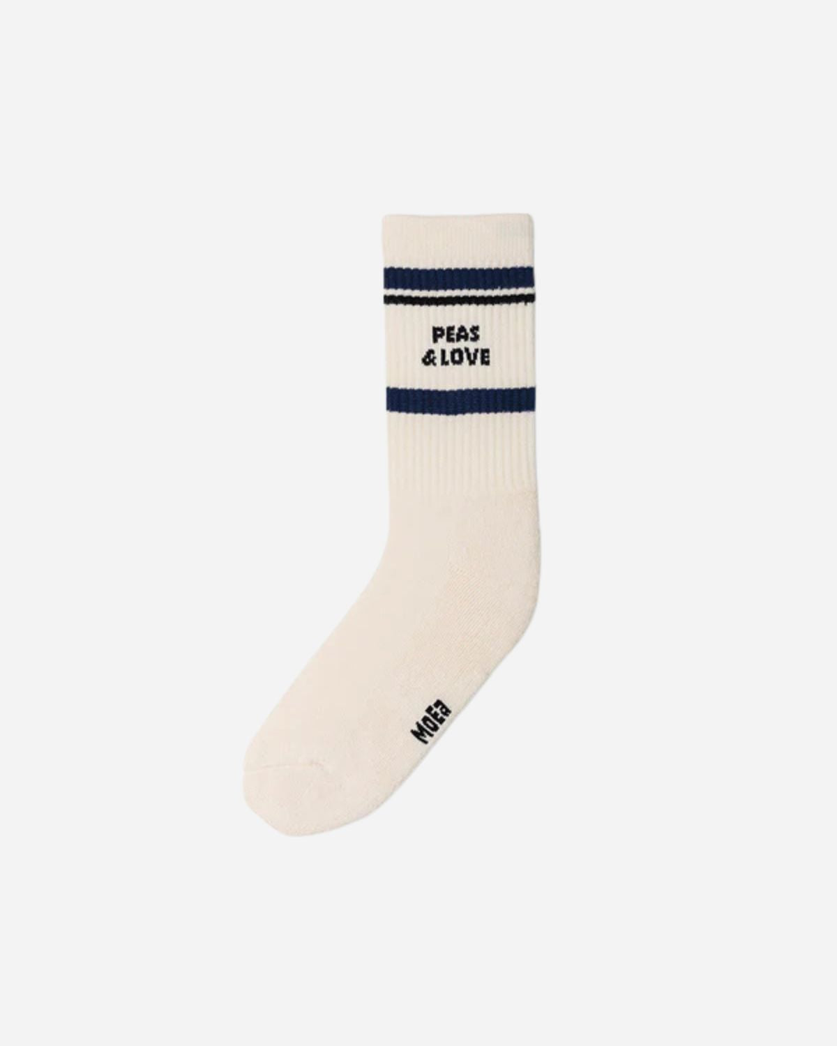 White sports sock with navy stripes and PEAS & LOVE phrase