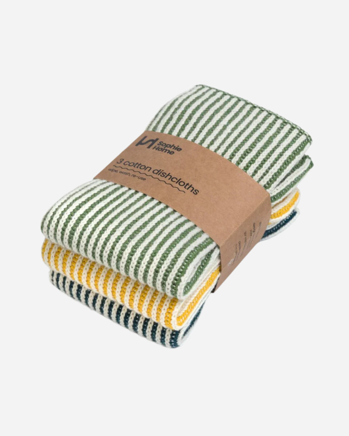 Pack of three striped dishcloths with a brown label on a white background
