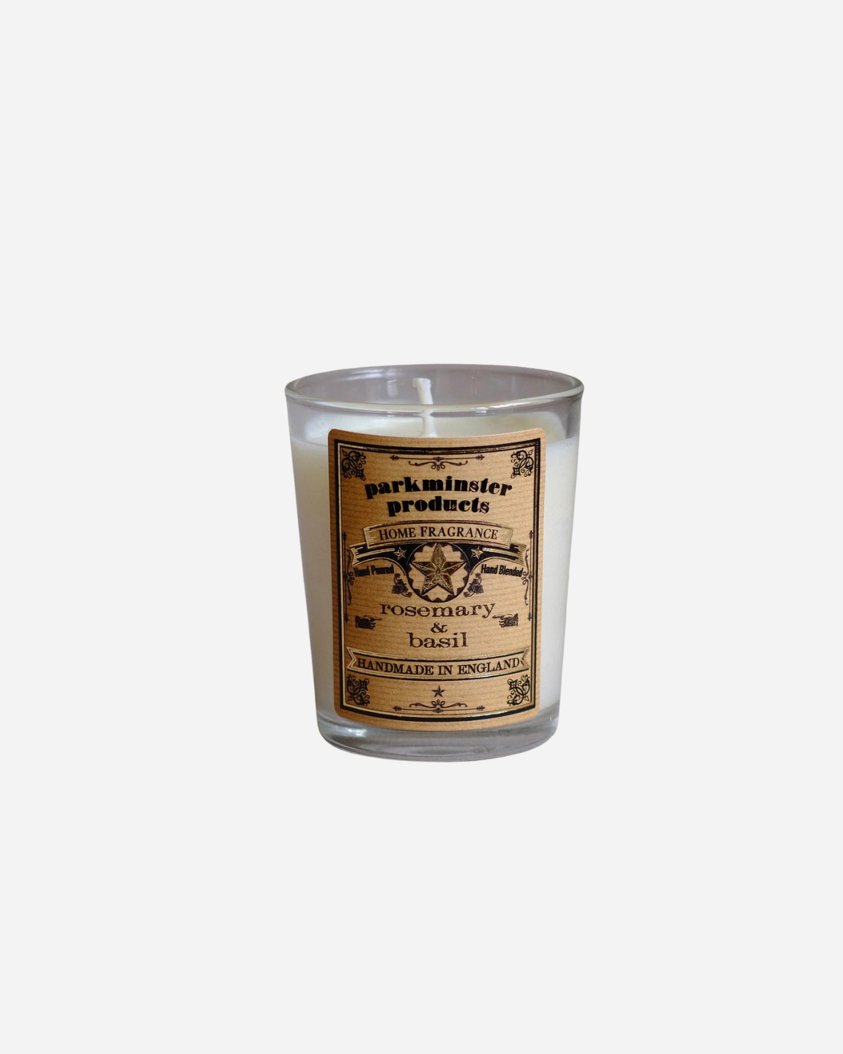 A clear glass mini votive candle with a label featuring the name 'Rosemary Basil'.