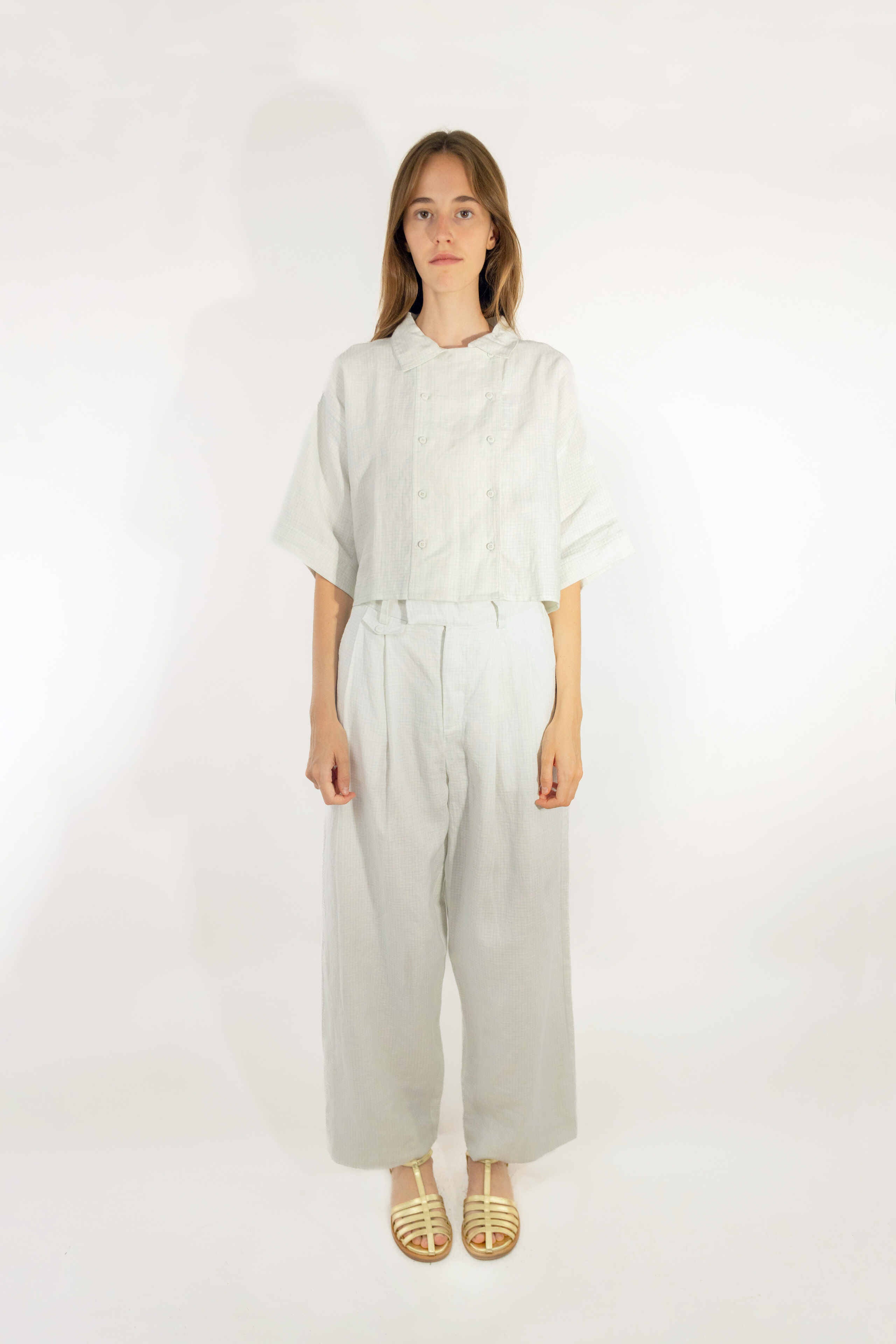 GRID PLEATED TROUSERS OFF WHITE