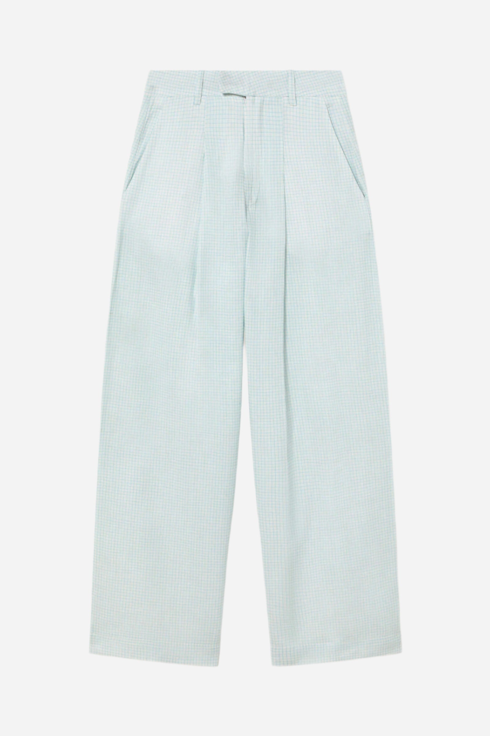 Light blue check pants on a white background