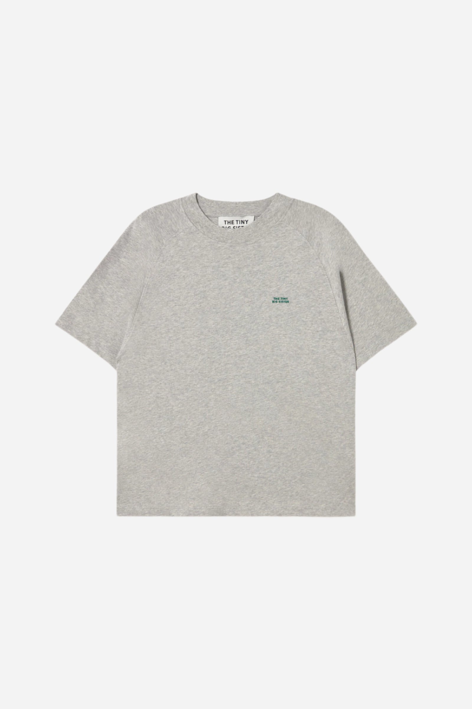Gray t-shirt with a small green logo on a white background