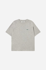 Gray t-shirt with a small green logo on a white background