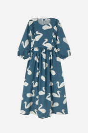 Blue dress with white swan pattern on a white background