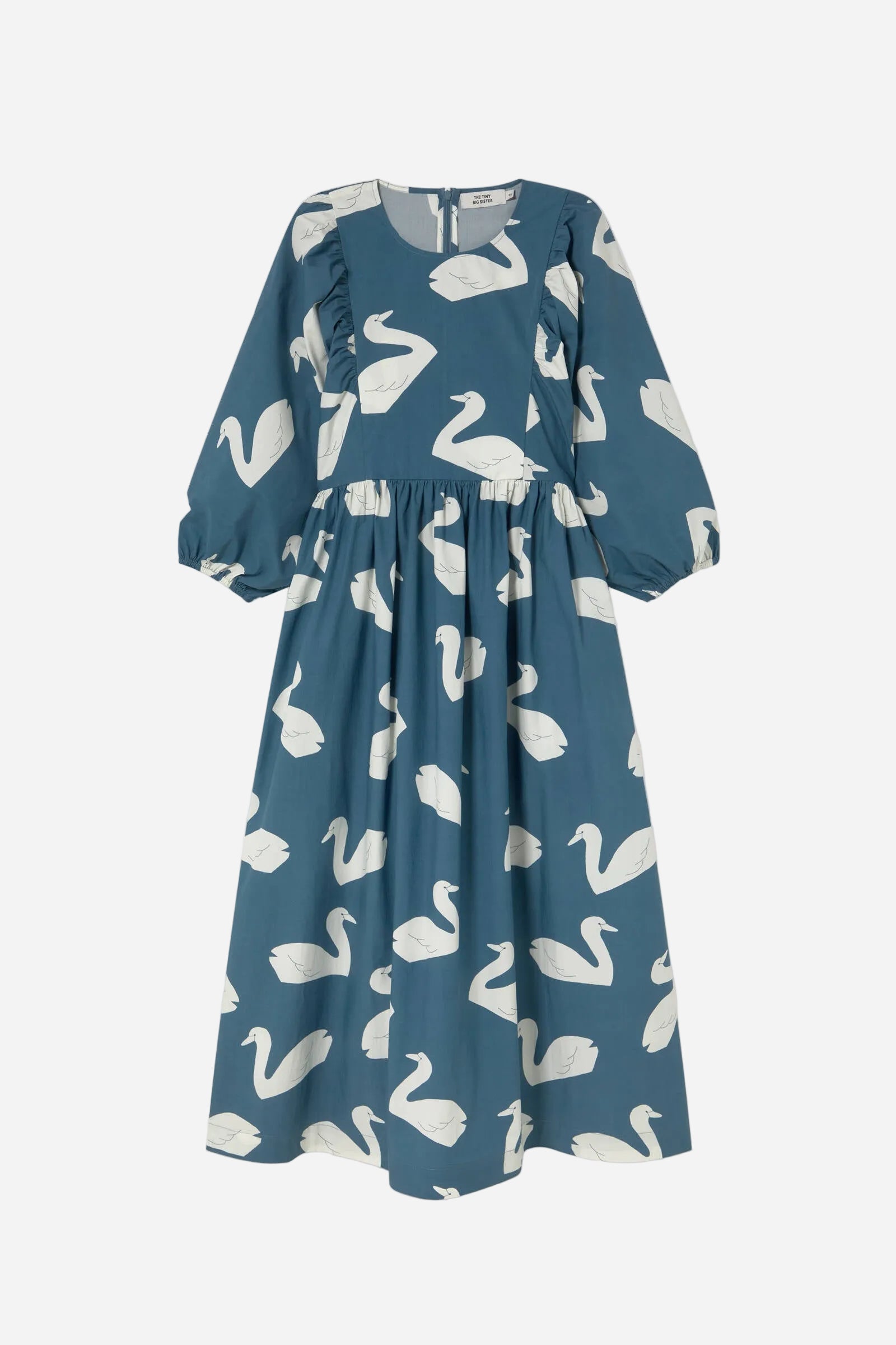 Blue dress with white swan pattern on a white background