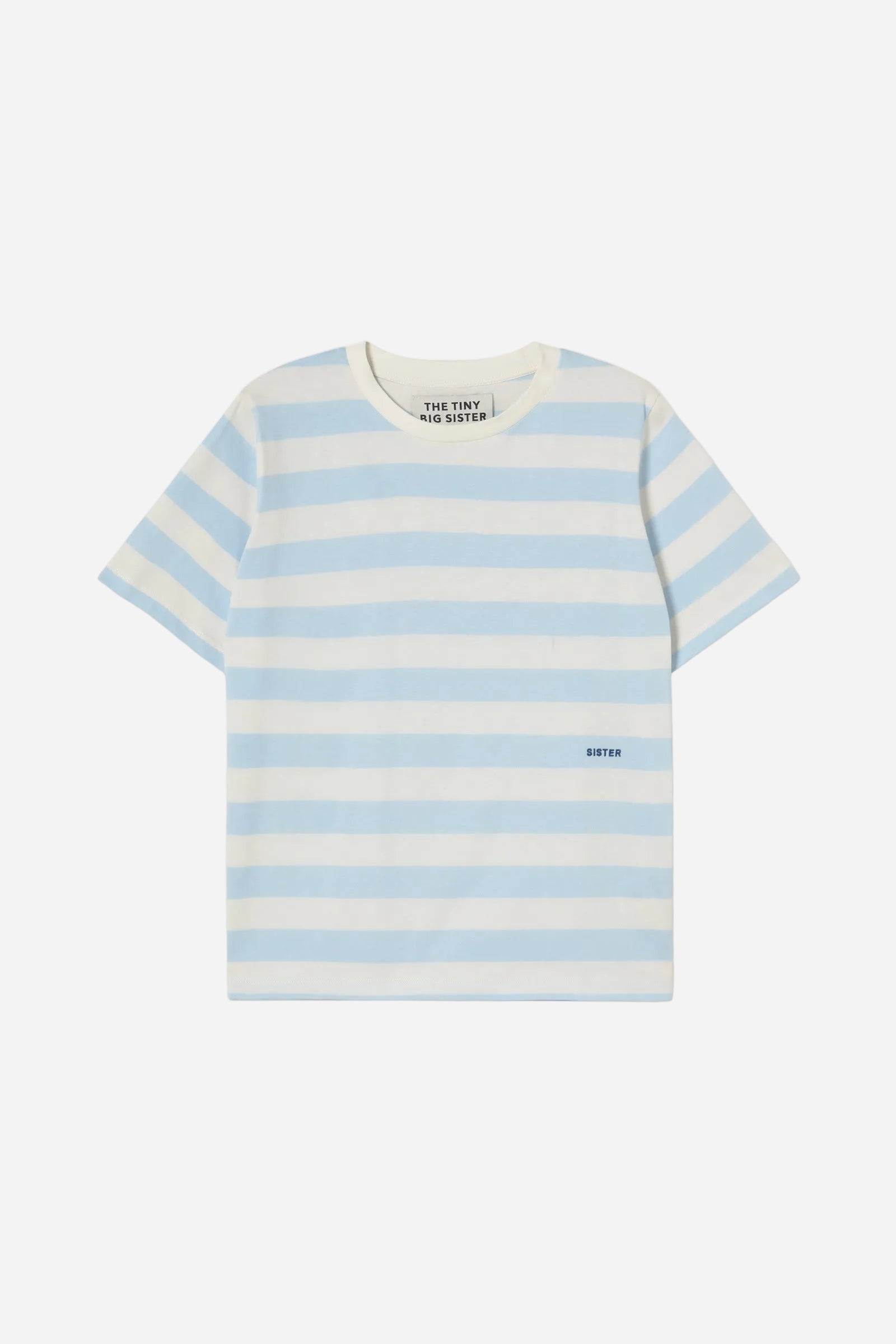 Blue and white striped t-shirt on a white background