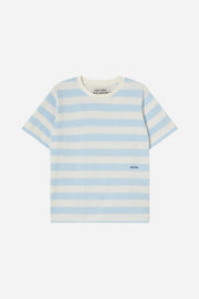 Blue and white striped t-shirt on a white background