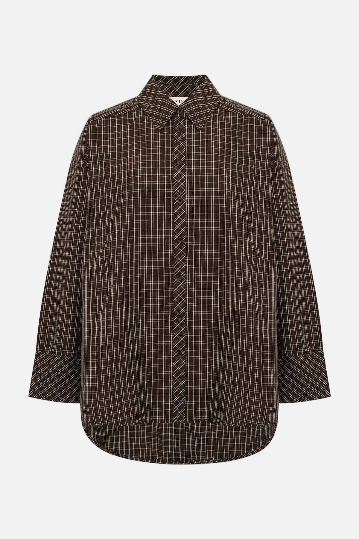 A brown and black checkered button-up shirt with a pointed collar and long sleeves, displayed against a plain white background.