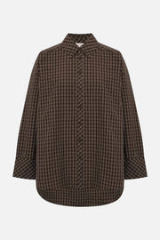 A brown and black checkered button-up shirt with a pointed collar and long sleeves, displayed against a plain white background.
