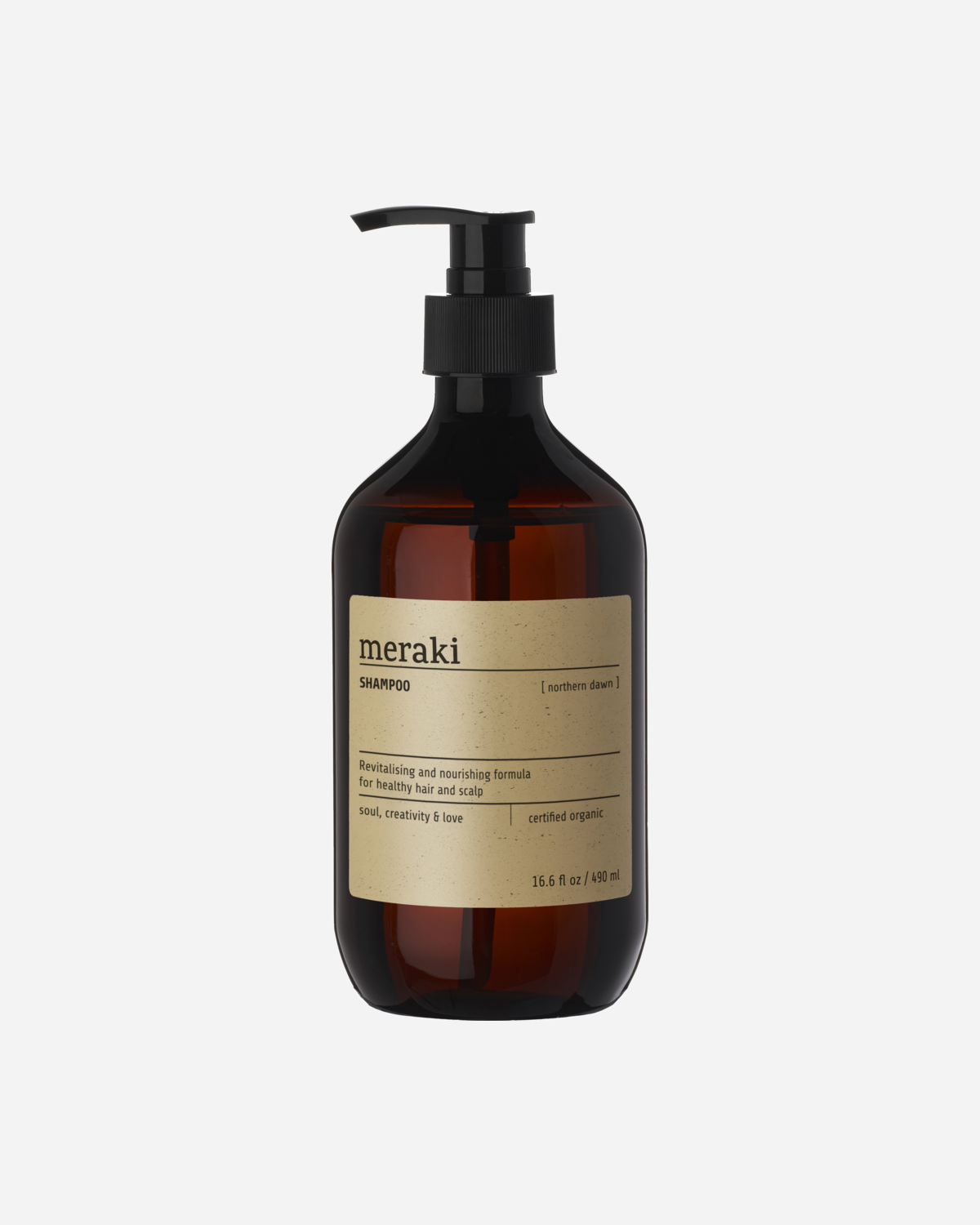A bottle of Meraki Northern Dawn Shampoo with a pump dispenser, labeled with the product information.